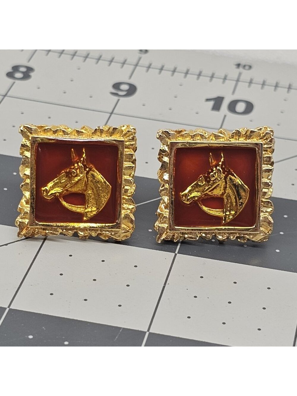 Vtg Hickok USA Horse Head Cufflinks Gold Tone Red Enamel Equestrian Mid Century